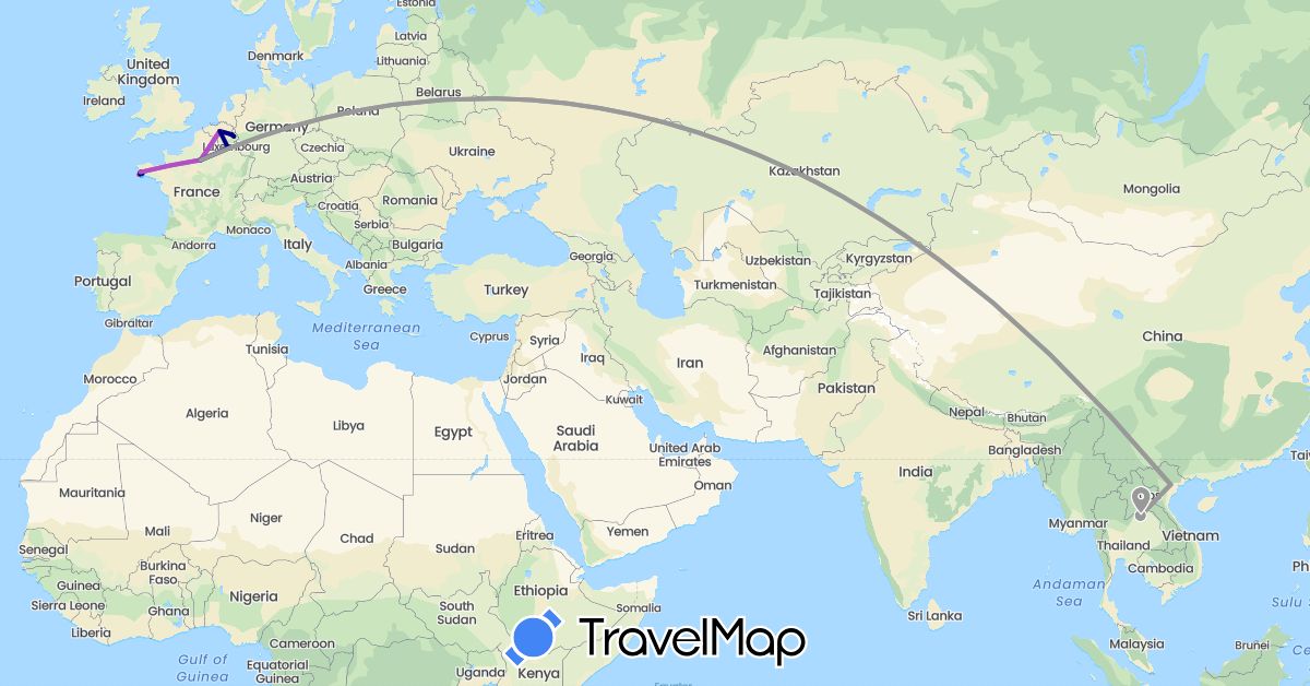 TravelMap itinerary: driving, plane, train, hiking, boat in Belgium, France, Laos, Vietnam (Asia, Europe)